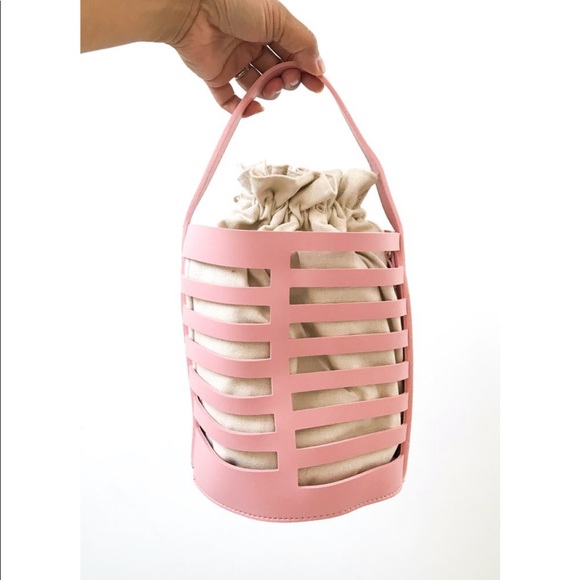 Vegan Leather Bucket Bag Top Handle Pink - Picture 4 of 5